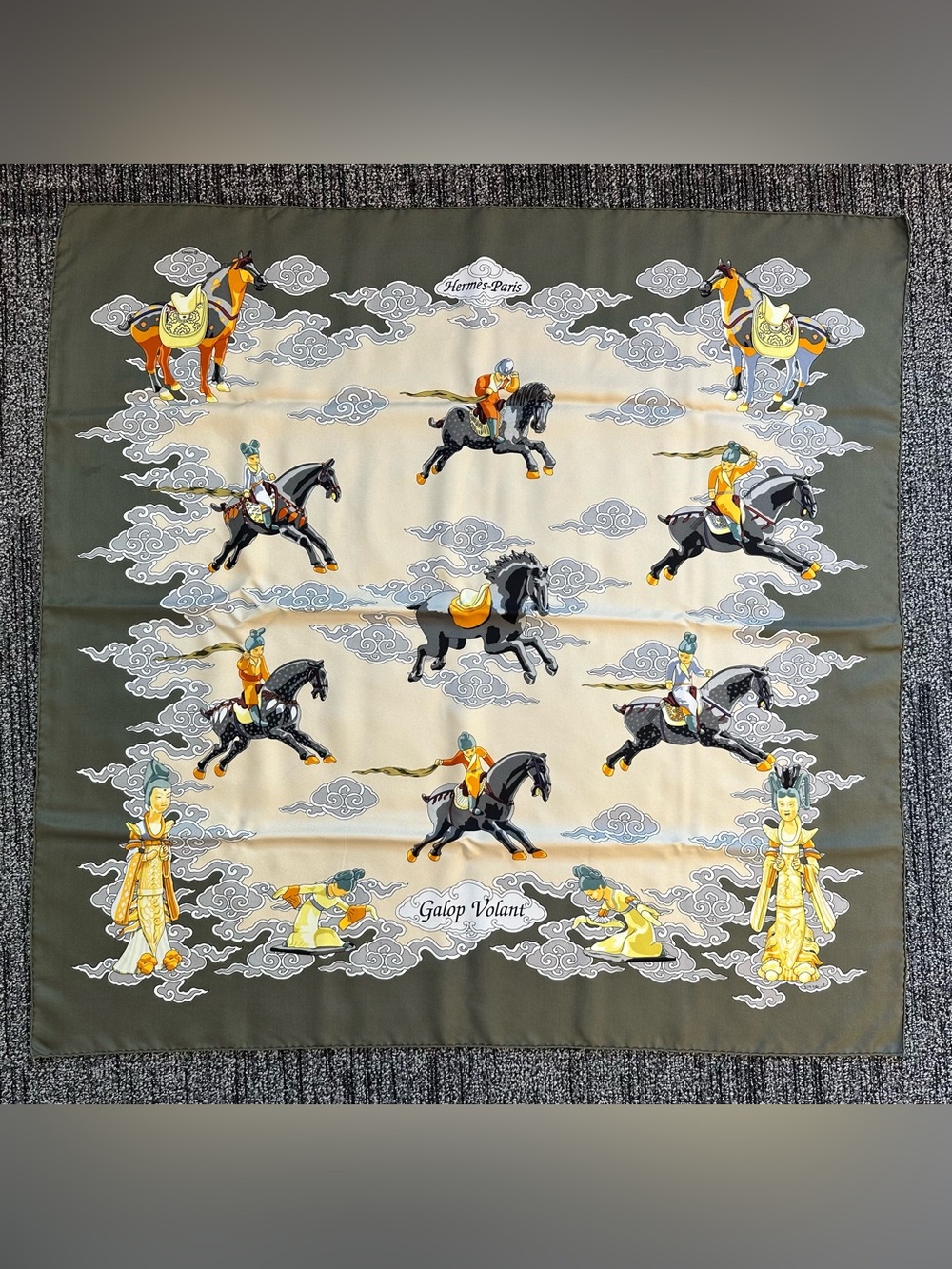 HERMES Galop Volant vintage 100% silk scarf shawl horses Chinese olive green